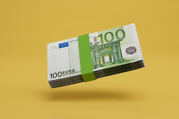 A stack of hundreddollar bills on a yellow background 3D render