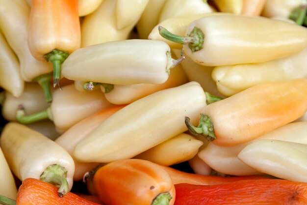 Stack of Hungarian wax pepper on a market stall