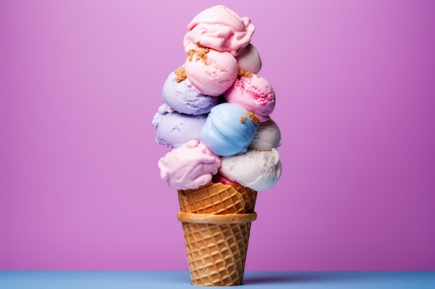 A stack of ice cream cones with blue and pink ice cream on top.