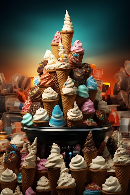 a stack of ice cream cones with a colorful background