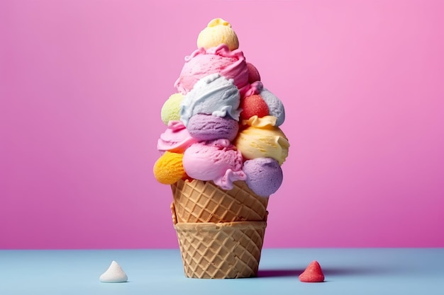 A stack of ice cream cones with different flavors on top