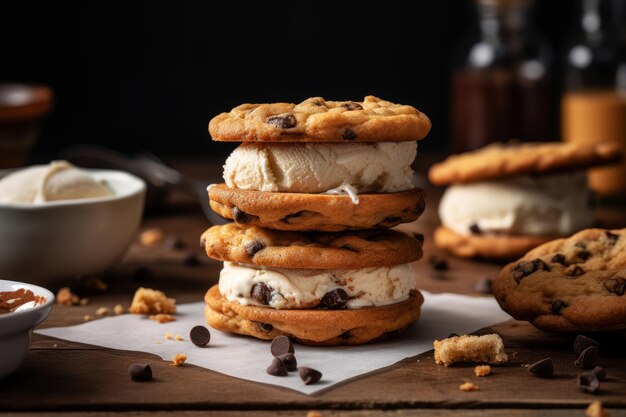 A stack of ice cream sandwiches with chocolate chip ice cream and chocolate chip ice cream.