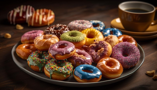 Stack of indulgent baked pastries with multi colored icing and coffee generated by artificial intelligence