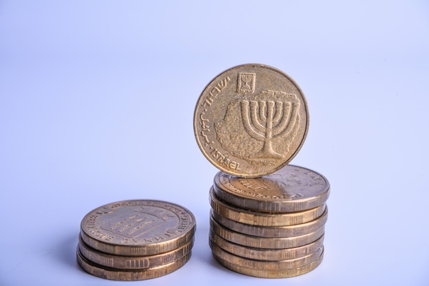 stack of Israel coins close up