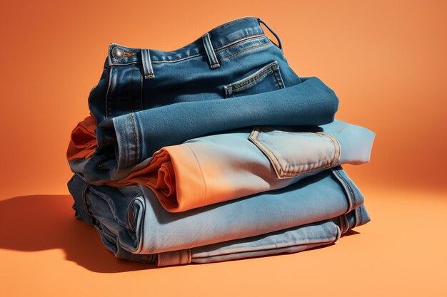 a stack of jeans on an orange background