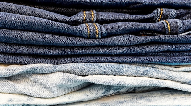 Stack of jeans pants Close up