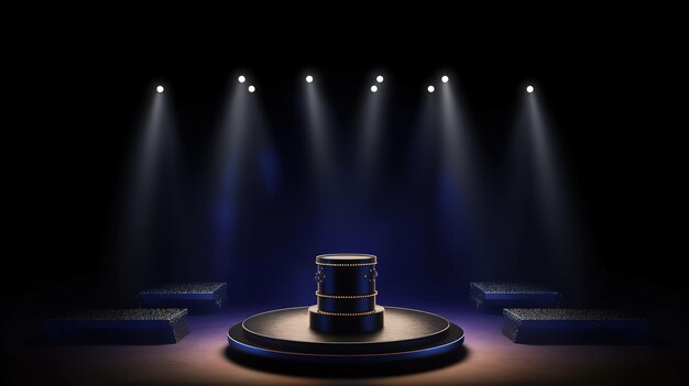 A stack of judges stands on a stage with a row of lights on the left side.