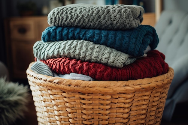 Stack of knitted sweaters in basket at home