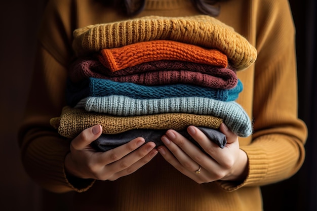 Photo stack of knitted sweaters in female hands