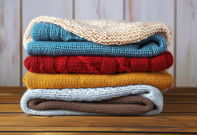 a stack of knitted sweaters on top of each other