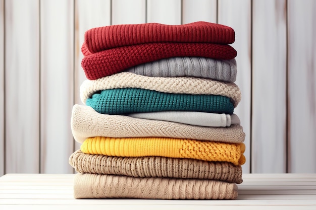 Stack of knitted sweaters on white wooden background