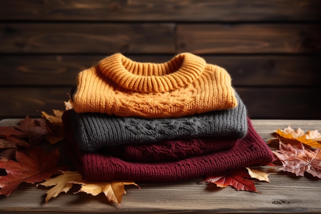 Stack of knitted sweaters with dry leaves on brown wooden background