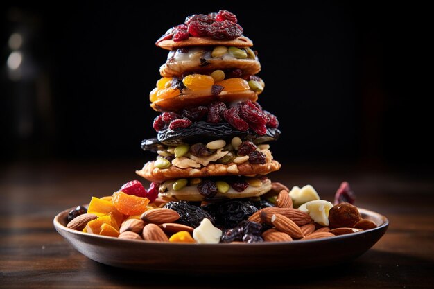 Photo stack of kozinaki sweets with seeds and nuts on wooden plate