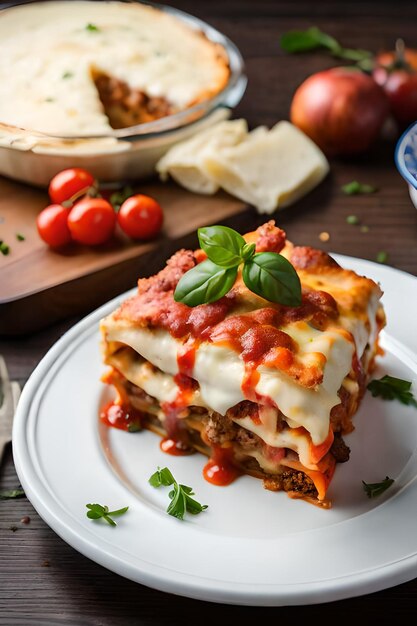 A stack of lasagna on a plate with a bowl of fresh tomatoes on the side.