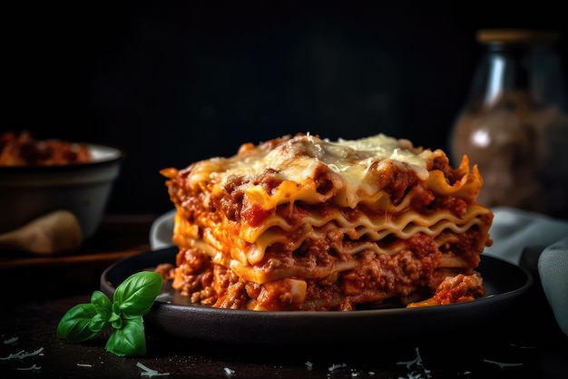 A stack of lasagna on a plate with a cup of coffee on the side.