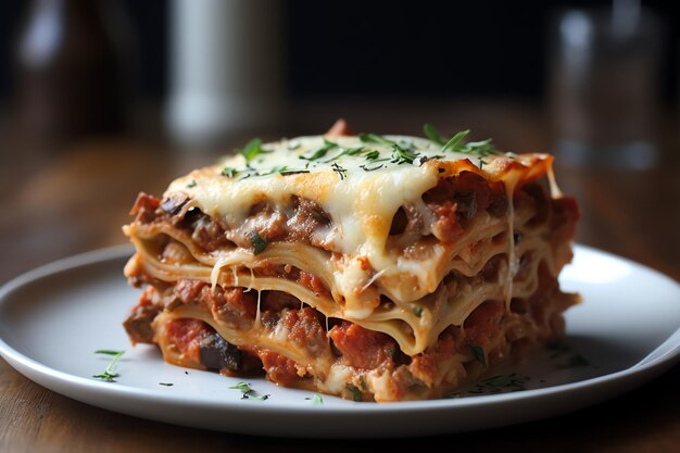 Premium Photo | A stack of lasagna on a plate with a fork.