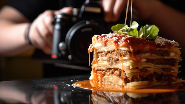 A stack of lasagna with a camera on the table
