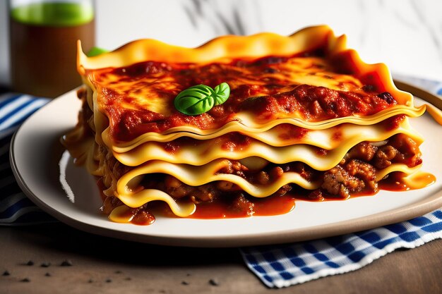 A stack of lasagna with a green leaf on top