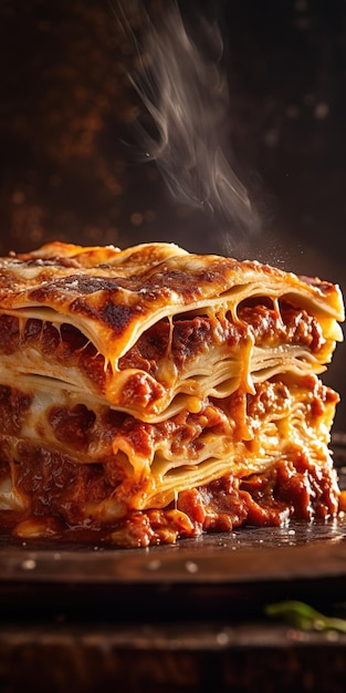 A stack of lasagna with a steam rising from the top.