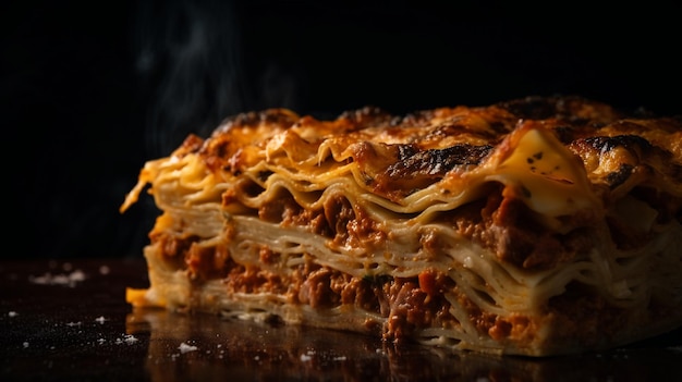 A stack of lasagna with the word lasagna on the side.