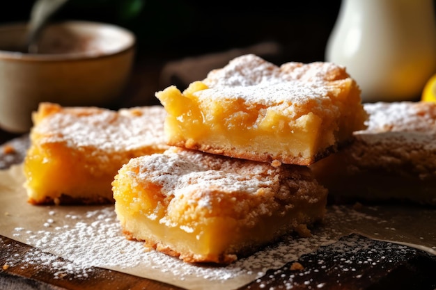 A stack of lemon bars on a table