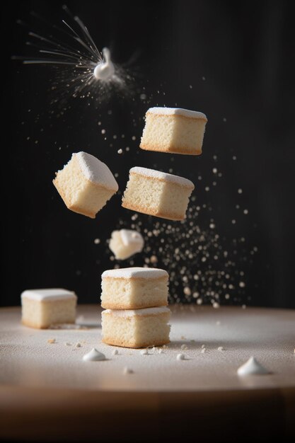 A stack of lemon shortcakes with icing sprinkled on top.