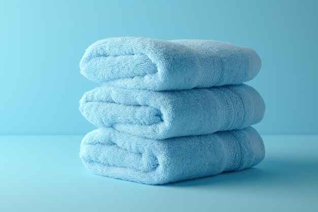 Photo stack of light blue spa towels on table generative ai