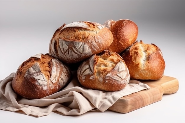 A stack of loaves of bread on a wooden cutting board.