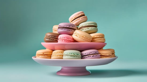 A stack of macaroons on a pink cake stand