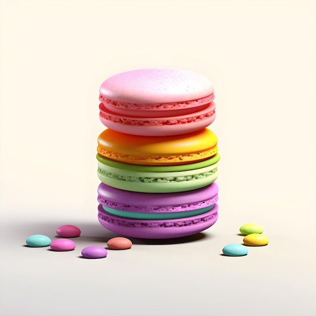 A stack of macaroons with different colors on them.