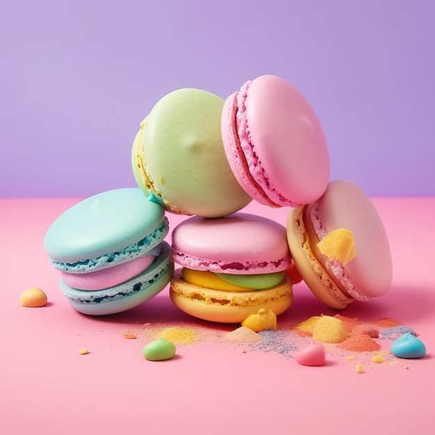 A stack of macaroons with different colors on top of them.