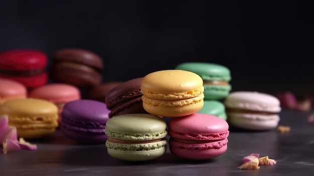 A stack of macaroons with a pencil on the table