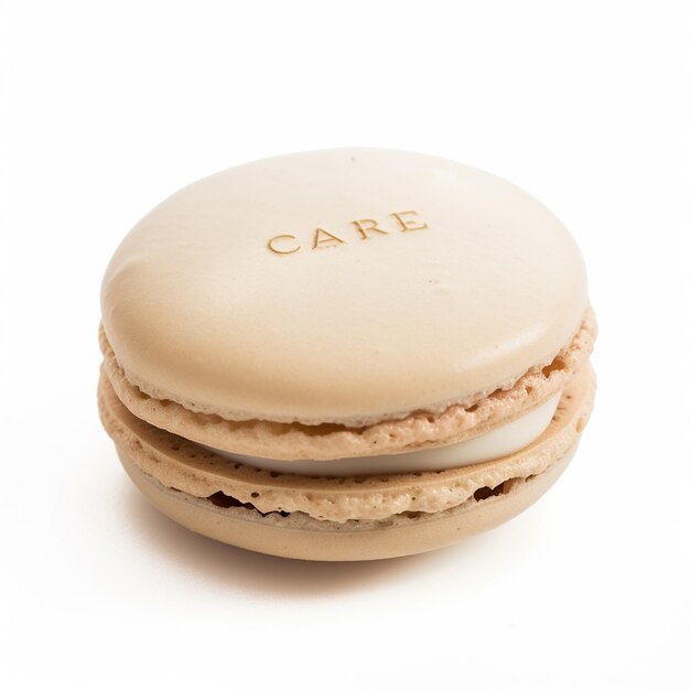 A stack of macaroons with the word care on the top.