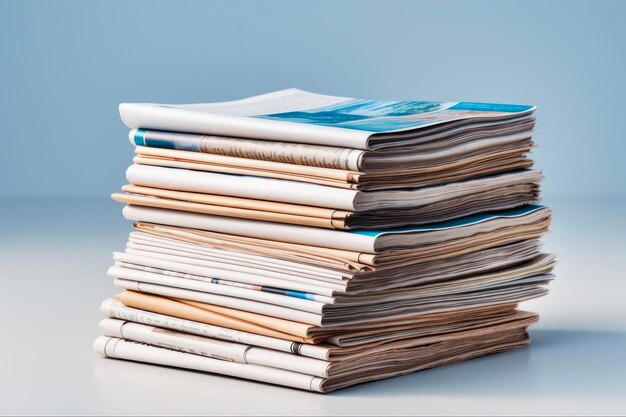 Photo stack of magazines isolated on white background closeup bunch of press tabloid journals with news