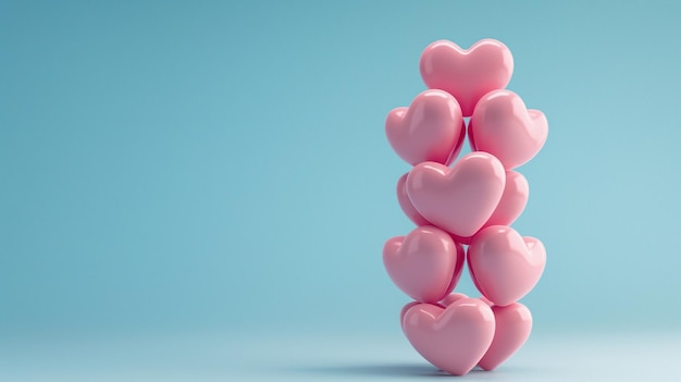 stack of many 3D shaped pink hearts on an empty blue background