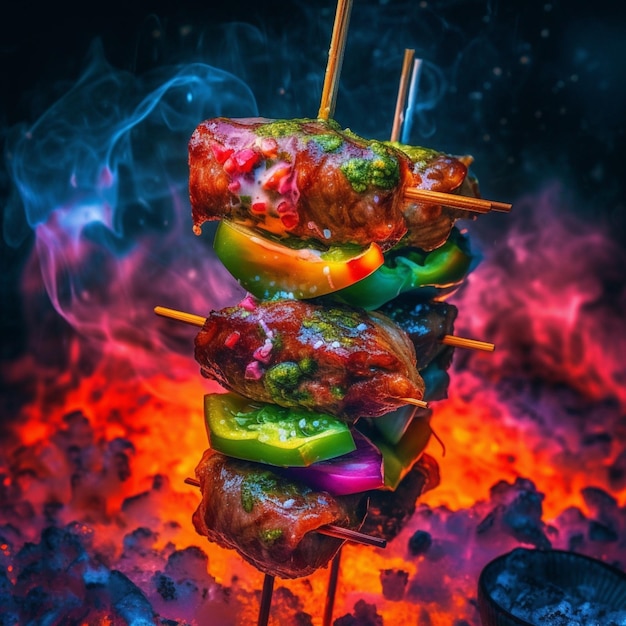 A stack of meat on a stick with a flame in the background