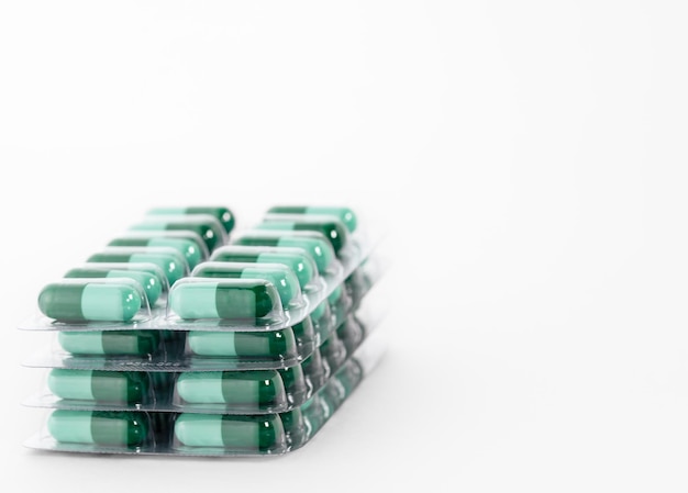 Stack of medical pills in plastic package Concept of healthcare and medicine