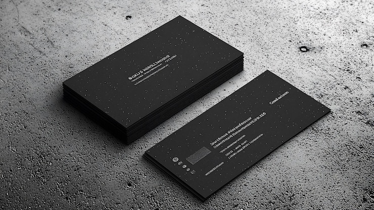 Photo stack of minimalist black business cards on a textured surface