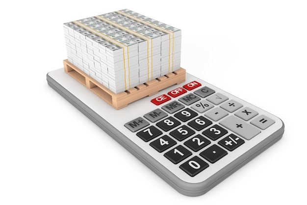 Stack Of Money over Calculator on a white background. 3d Rendering