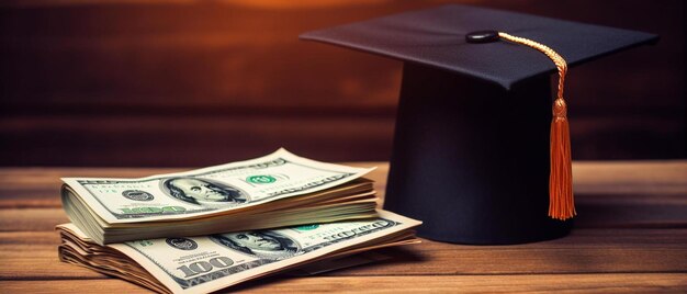 Photo a stack of money with a graduation cap on it