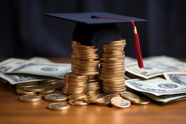 a stack of money with a graduation cap on top of it