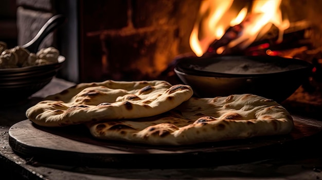 A stack of naan bread is on a plate in front of a fire.