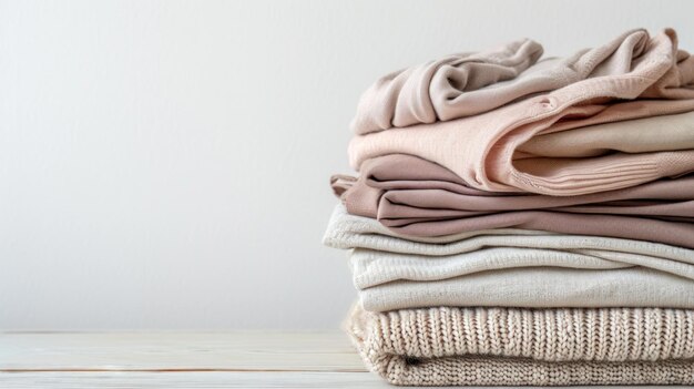 A stack of neatly folded womens clothing on a wooden table against a white wall Copy space
