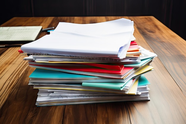 Stack of neatly organized business documents on a wooden table created with generative ai