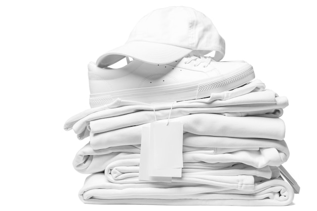 Stack of new white clothes trainers and baseball cap with a blank garment tag isolated on white background