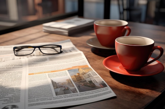 A stack of newspapers and a cup of coffee on the table