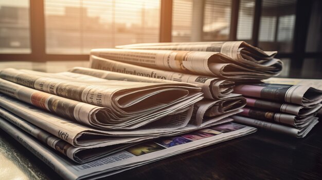 Stack of newspapers on wooden table in morning light selective focus Generative AI