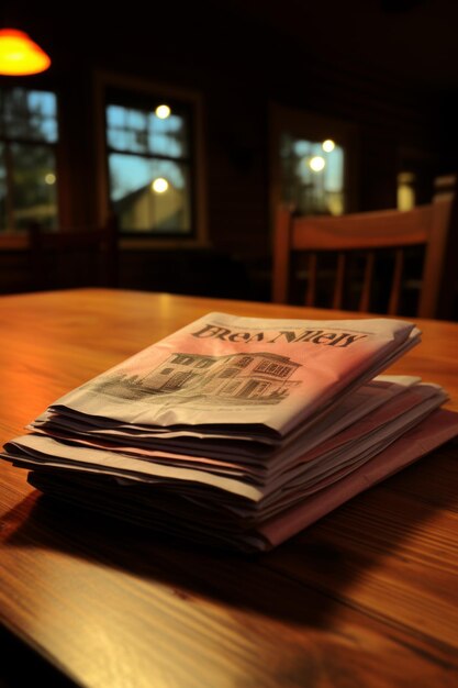 Photo a stack of newspapers on a wooden table