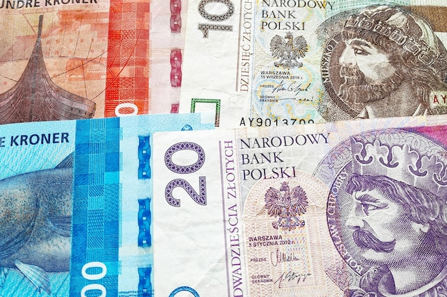 Stack of Norwegian Krone and Polish Zloty