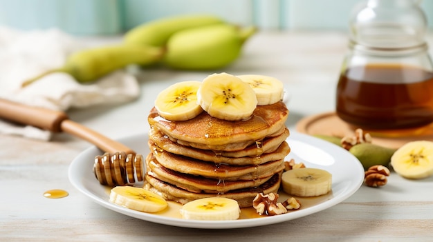 Stack of Oatmeal Banana Pancakes with Fresh Banana Slices